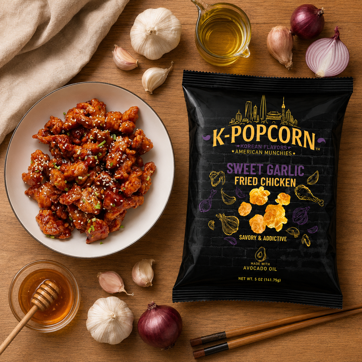 K‑POPCORN™ Sweet Garlic Fried Chicken Popcorn | Korean Gourmet Popcorn | Sweet & Savory Snack | 2 oz