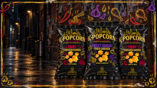 K-POPCORN Best Seller 3-Pack Bundle featuring Fiery Chicken Ramen and Sweet Garlic Fried Chicken flavors